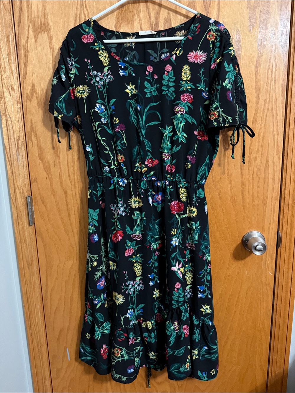 Les Amis Black Floral Midi Dress with Green Leaf Print